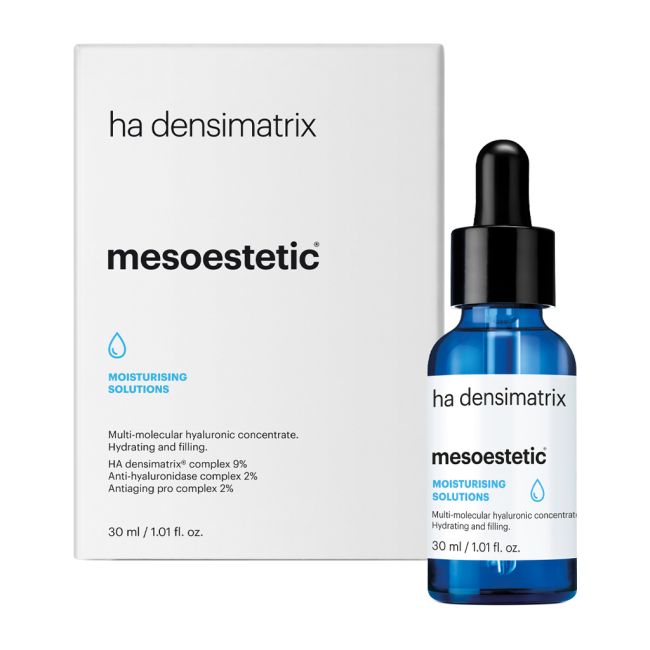 Mesoestetic HA Densimatrix hyaluronic acid serum with box, designed to deeply hydrate, replump skin and improve the look of dehydration lines.
