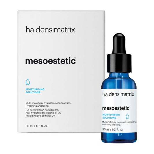 Mesoestetic HA Densimatrix hyaluronic acid serum with box, designed to deeply hydrate, replump skin and improve the look of dehydration lines.