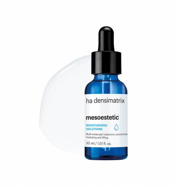 Mesoestetic HA Densimatrix shown with serum texture, a multi-molecular hyaluronic acid concentrate for hydration, plumping and smoother-looking skin.