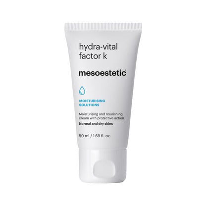 Mesoestetic Hydra-Vital Factor K protective face cream for normal and dry skin to replenish moisture, improve suppleness and defend against external aggressors.