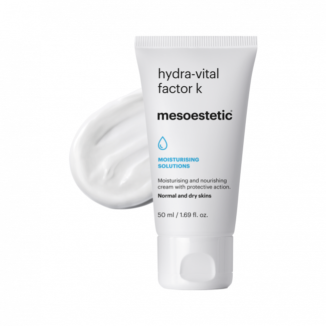Mesoestetic Hydra-Vital Factor K is a rich, nourishing and moisturising cream formulated to help protect normal and dry skin. An ultra-moisturising complex with a composition very similar to the natural moisturising factor of the skin (amino acids, urea, allantoin and lactic acid) that helps restore and reinforce the hydrolipidic film maintaining optimum hydration throughout the day.