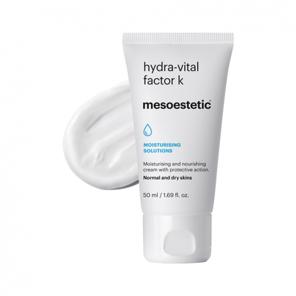 Mesoestetic Hydra-Vital Factor K shown with cream texture, a nourishing moisturiser for normal and dry skin that supports softness, comfort and barrier protection.