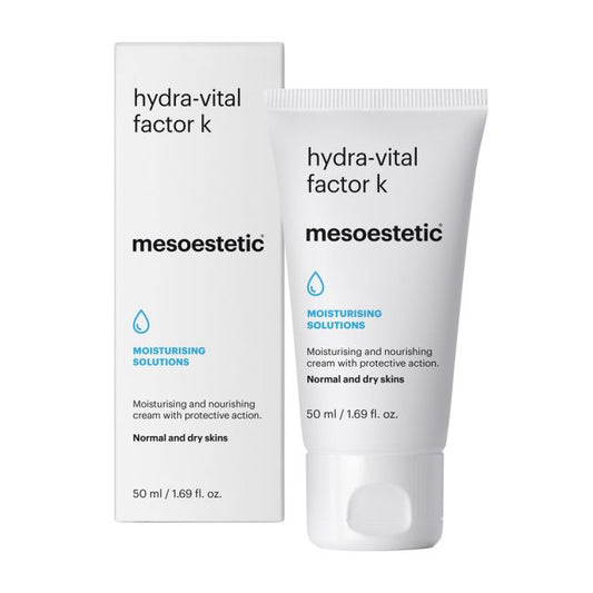 Mesoestetic Hydra-Vital Factor K rich moisturising cream with box for normal and dry skin to nourish, protect and restore long-lasting hydration.