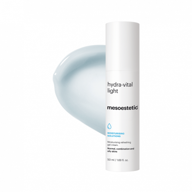 Mesoestetic Hydra-Vital Light shown with gel-cream texture, a lightweight moisturiser for normal, combination and oily skin that hydrates and refreshes.