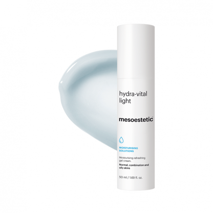 Mesoestetic Hydra-Vital Light shown with gel-cream texture, a lightweight moisturiser for normal, combination and oily skin that hydrates and refreshes.