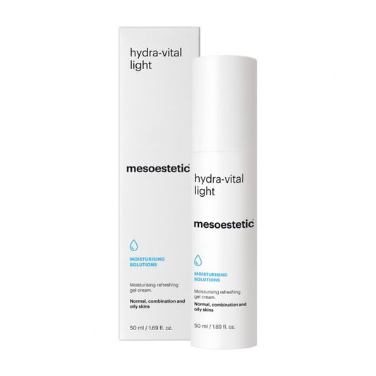 Mesoestetic Hydra-Vital Light hydrating gel cream with box for normal, combination and oily skin to provide lasting moisture and anti-pollution support.