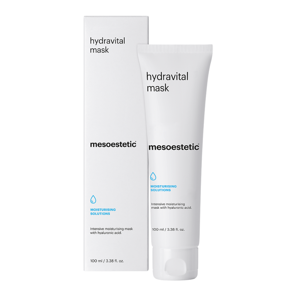 Mesoestetic Hydra-Vital Mask hydrating face mask for dry skin hyaluronic acid moisture boost barrier support skincare.