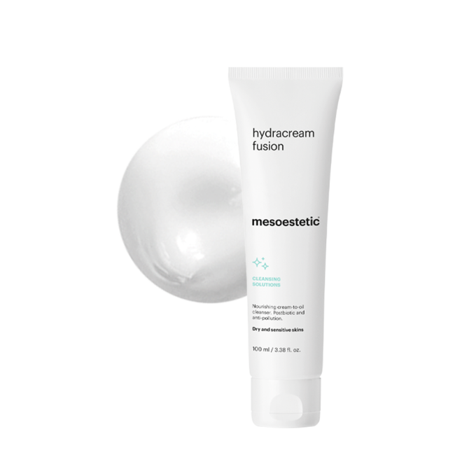 Mesoestetic Hydracream Fusion nourishing cream-to-oil cleanser shown with texture, ideal for dry and sensitive skin needing gentle cleansing and barrier support.
