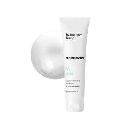 Mesoestetic Hydracream Fusion nourishing cream-to-oil cleanser shown with texture, ideal for dry and sensitive skin needing gentle cleansing and barrier support.