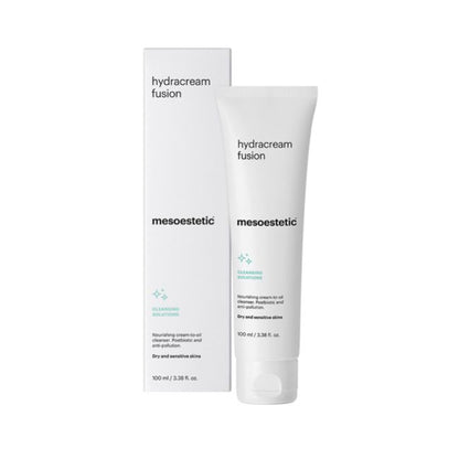 Mesoestetic Hydracream Fusion nourishing cream-to-oil cleanser with product box, designed for dry and sensitive skin to cleanse gently while supporting skin comfort.