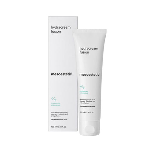 Mesoestetic Hydracream Fusion nourishing cream-to-oil cleanser with product box, designed for dry and sensitive skin to cleanse gently while supporting skin comfort.