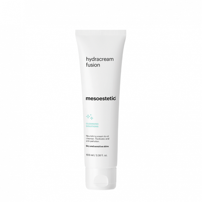 Mesoestetic Hydracream Fusion cream-to-oil cleanser for dry and sensitive skin, formulated to remove impurities while helping maintain softness and hydration.