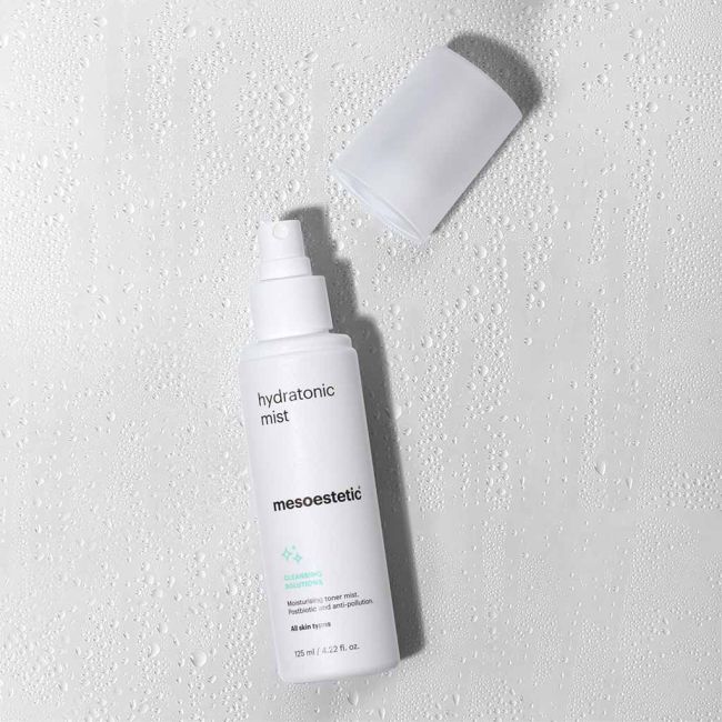 Mesoestetic Hydratonic Mist with cap removed, a hydrating post-cleansing toner mist for all skin types to support comfort and freshness.