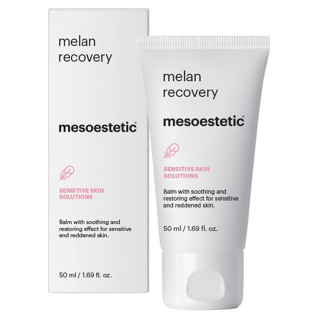 Mesoestetic Melan Recovery soothing balm with box for sensitive and reddened skin to calm irritation and support barrier recovery.