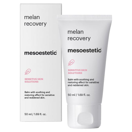 Mesoestetic Melan Recovery soothing balm with box for sensitive and reddened skin to calm irritation and support barrier recovery.