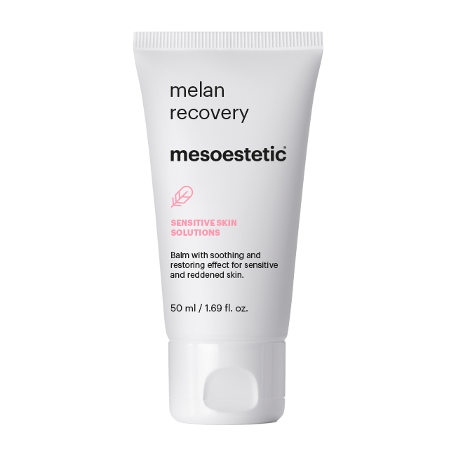 Mesoestetic Melan Recovery restorative balm for sensitive skin to reduce visible redness, comfort irritation and restore skin balance.
