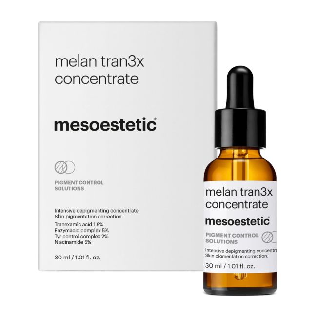 Mesoestetic Melan Tran3x Concentrate depigmenting serum with box, formulated to reduce dark spots and improve uneven skin tone.