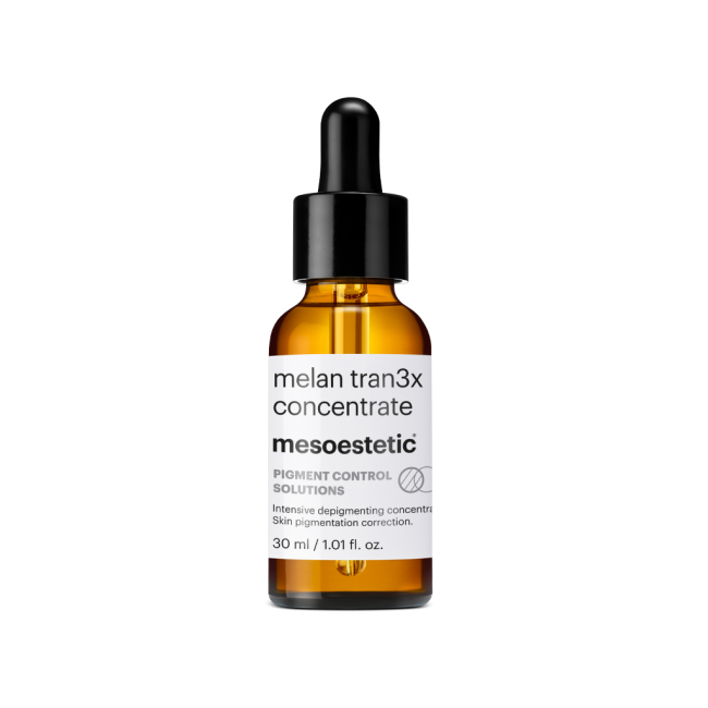 Mesoestetic Melan Tran3x Concentrate intensive pigmentation serum with tranexamic acid to target dark spots and support a more even complexion.