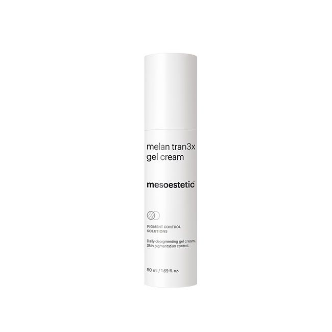 Mesoestetic Melan Tran3x Gel Cream daily pigment correction treatment for dark spots, uneven skin tone and clearer-looking skin.