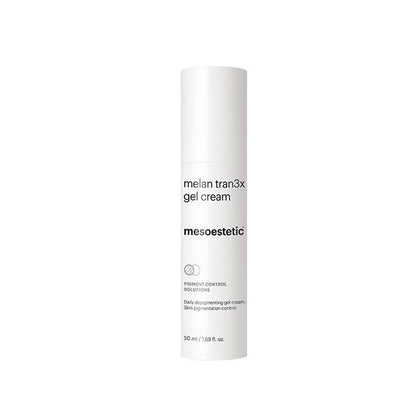 Mesoestetic Melan Tran3x Gel Cream daily pigment correction treatment for dark spots, uneven skin tone and clearer-looking skin.