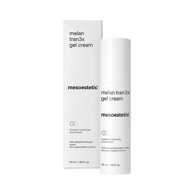 Mesoestetic Melan Tran3x Gel Cream depigmenting moisturiser with box to gradually reduce dark spots and improve uneven skin tone.