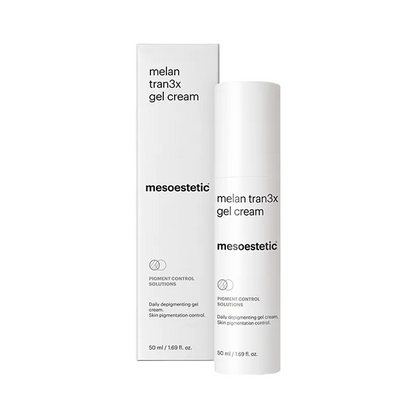 Mesoestetic Melan Tran3x Gel Cream depigmenting moisturiser with box to gradually reduce dark spots and improve uneven skin tone.