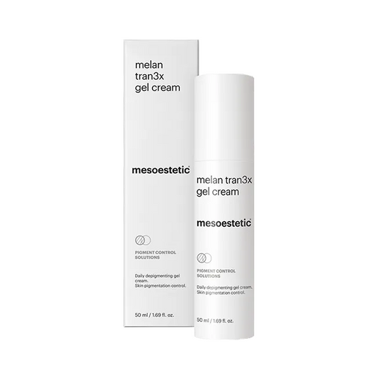 Mesoestetic Melan Tran3x Gel Cream depigmenting moisturiser with box to gradually reduce dark spots and improve uneven skin tone.