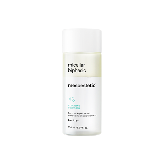 Mesoestetic Micellar Biphasic dual-phase cleanser for eyes and lips that removes makeup and impurities gently while supporting comfort on delicate skin.