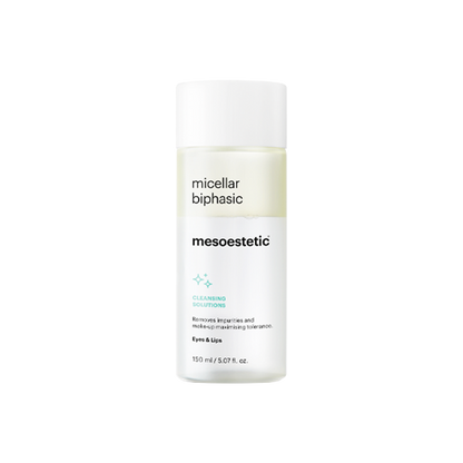 Mesoestetic Micellar Biphasic dual-phase cleanser for eyes and lips that removes makeup and impurities gently while supporting comfort on delicate skin.