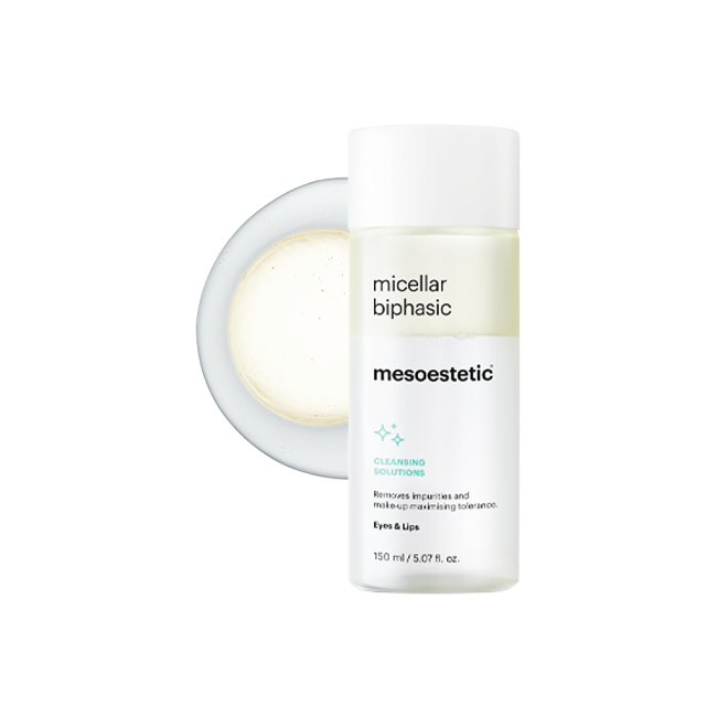 Mesoestetic Micellar Biphasic eye and lip makeup remover shown with dual-phase texture, formulated to lift away makeup and impurities with high tolerance.