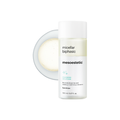 Mesoestetic Micellar Biphasic eye and lip makeup remover shown with dual-phase texture, formulated to lift away makeup and impurities with high tolerance.