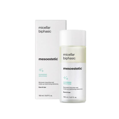 Mesoestetic Micellar Biphasic eye and lip makeup remover with product box, designed to gently dissolve impurities and long-wear makeup while maximising skin tolerance.