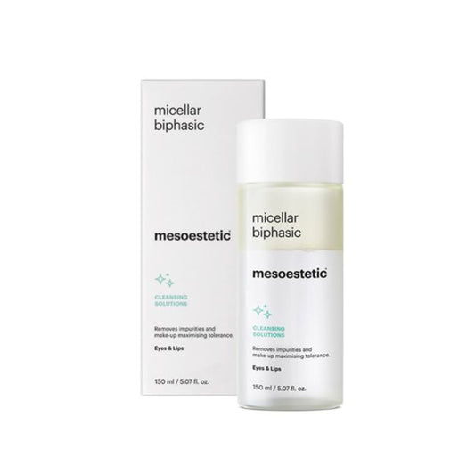 Mesoestetic Micellar Biphasic eye and lip makeup remover with product box, designed to gently dissolve impurities and long-wear makeup while maximising skin tolerance.