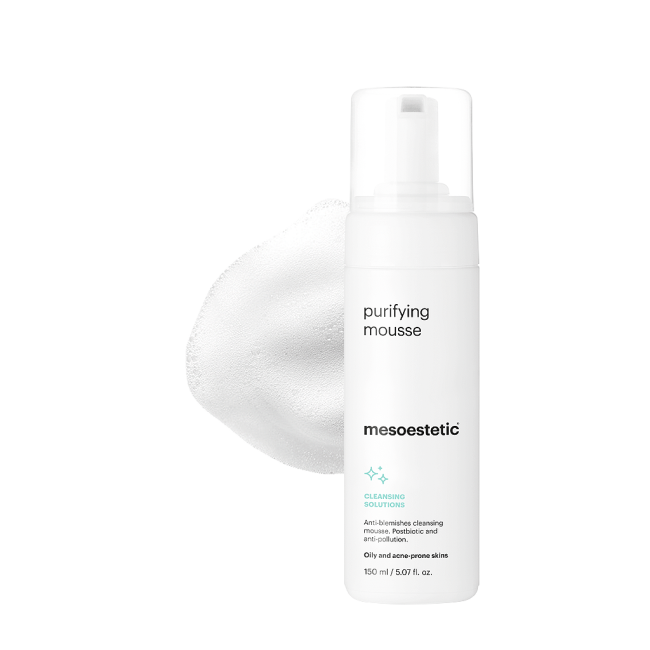 Mesoestetic Purifying Mousse shown with foam texture, an anti-blemish cleanser for oily and breakout-prone skin that helps purify pores and reduce congestion.