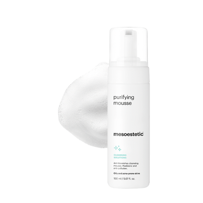 Mesoestetic Purifying Mousse shown with foam texture, an anti-blemish cleanser for oily and breakout-prone skin that helps purify pores and reduce congestion.