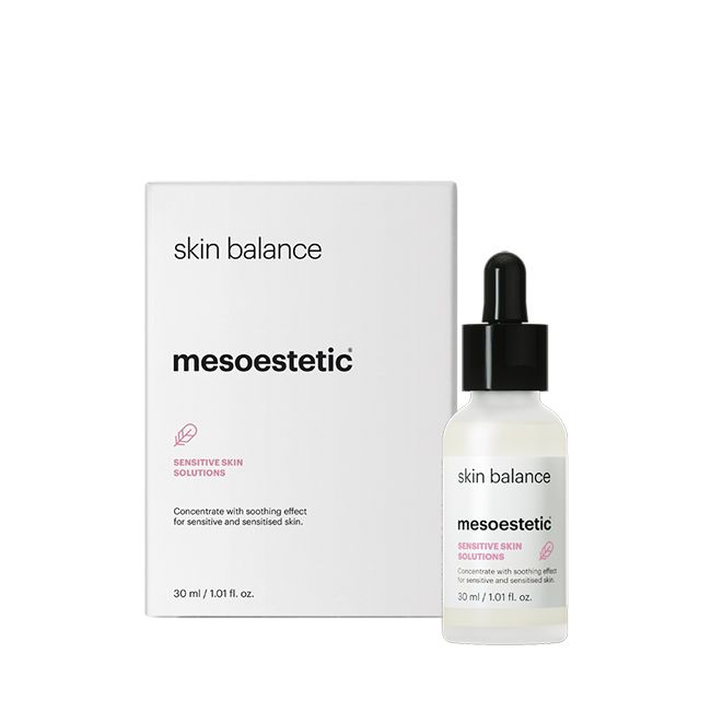 Mesoestetic Skin Balance calming serum with box for sensitive and sensitised skin to reduce visible redness and support barrier balance.
