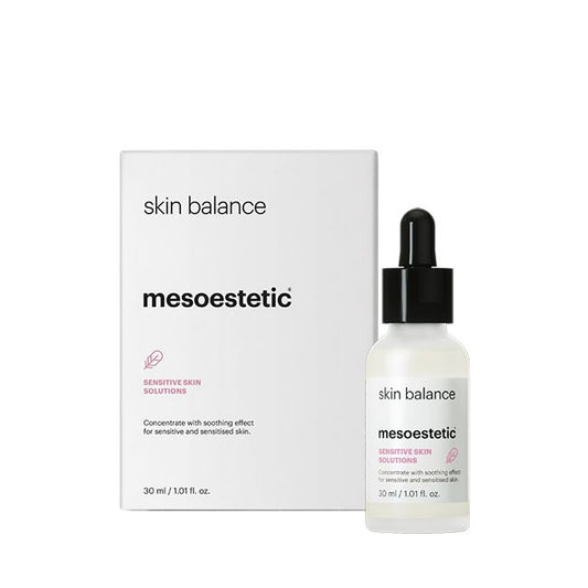 Mesoestetic Skin Balance calming serum with box for sensitive and sensitised skin to reduce visible redness and support barrier balance.