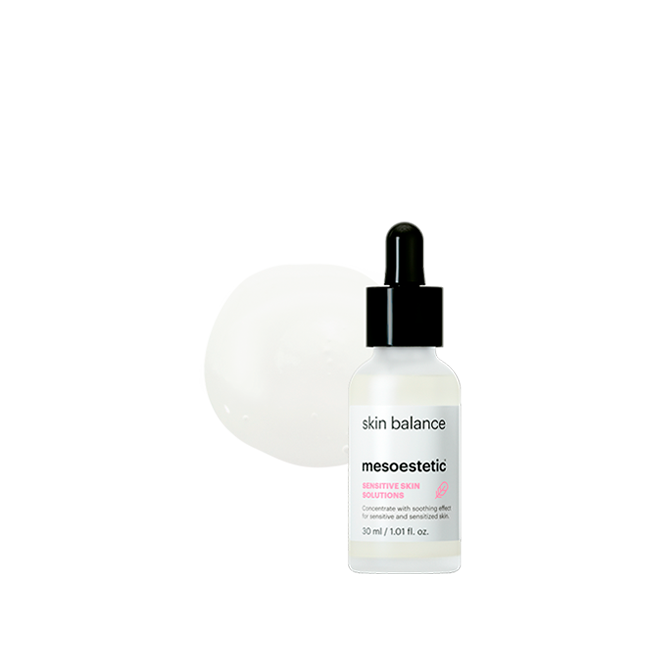 Mesoestetic Skin Balance shown with serum texture, a calming treatment for sensitive and sensitised skin to reduce redness and restore balance.