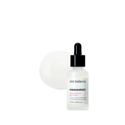 Mesoestetic Skin Balance shown with serum texture, a calming treatment for sensitive and sensitised skin to reduce redness and restore balance.