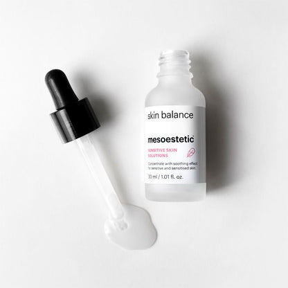 Mesoestetic Skin Balance open bottle and dropper, a soothing serum for reactive skin designed to calm irritation and support skin resilience.