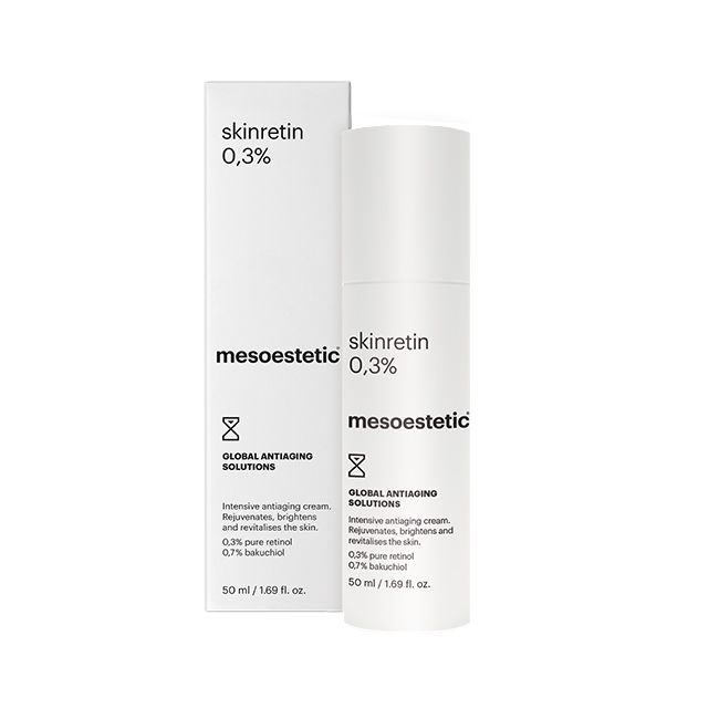 Mesoestetic Skinretin 0.3% retinol night cream with box to smooth wrinkles, refine skin texture and improve luminosity and firmness.