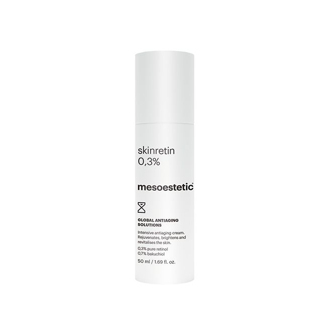 Mesoestetic Skinretin 0.3% anti-ageing night cream with pure retinol and bakuchiol to rejuvenate, brighten and revitalise the skin.