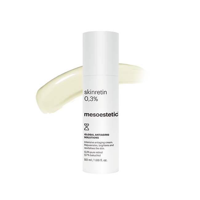 Mesoestetic Skinretin 0.3% shown with cream texture, an advanced retinol and bakuchiol treatment for wrinkles, dullness and loss of elasticity.