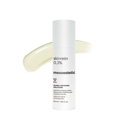 Mesoestetic Skinretin 0.3% shown with cream texture, an advanced retinol and bakuchiol treatment for wrinkles, dullness and loss of elasticity.