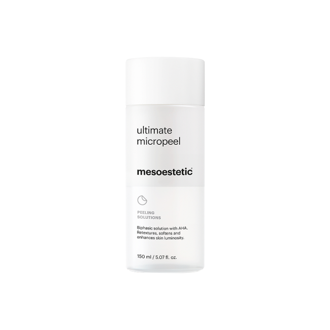 Mesoestetic Ultimate Micropeel liquid exfoliant for all skin types, formulated to remove dead skin cells and improve softness, clarity and radiance.