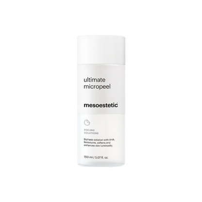 Mesoestetic Ultimate Micropeel liquid exfoliant for all skin types, formulated to remove dead skin cells and improve softness, clarity and radiance.