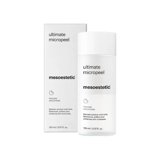 Mesoestetic Ultimate Micropeel biphasic AHA exfoliating solution with product box to refine texture, soften skin and enhance visible radiance.