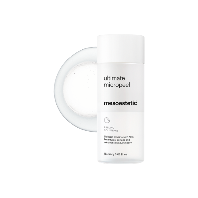 Mesoestetic Ultimate Micropeel shown with biphasic texture, a micro-exfoliating AHA solution that smooths skin texture and boosts luminosity.
