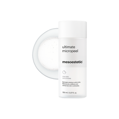 Mesoestetic Ultimate Micropeel shown with biphasic texture, a micro-exfoliating AHA solution that smooths skin texture and boosts luminosity.
