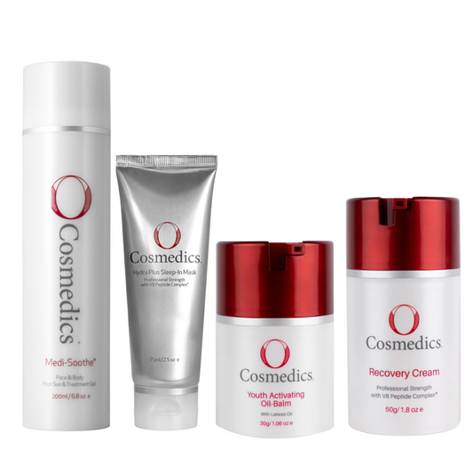 O Cosmedics Sale. O Cosmedics Eczema & Dermatitis Starter Kit contains Medi Soothe, Hydra Plus Sleep-In Mask, Youth Activating Oil Balm and Recovery Cream.